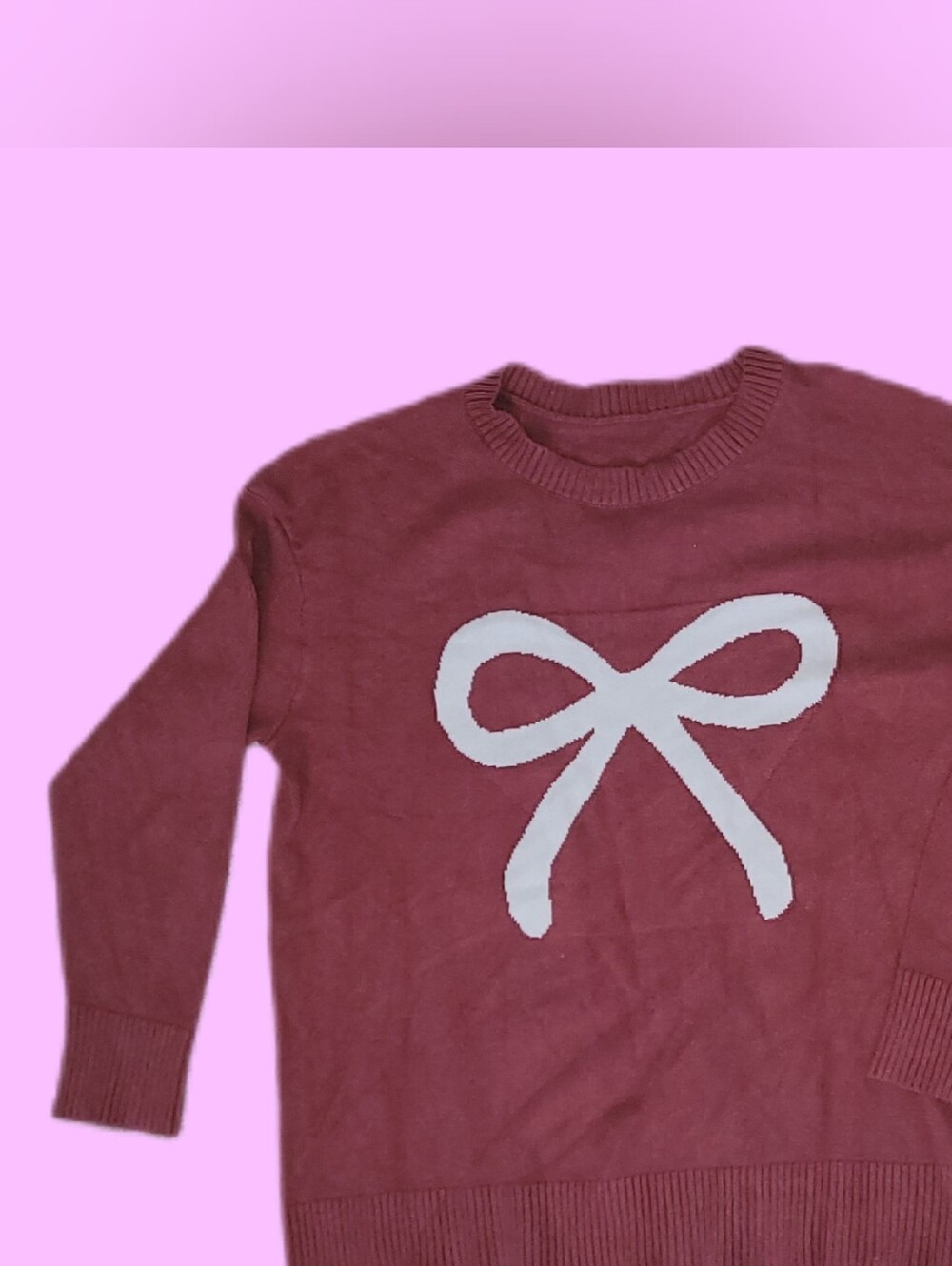 BloomChic Dusty Rose Crewneck Sweater with White Bow, Holiday Pullover, Sz 14-16